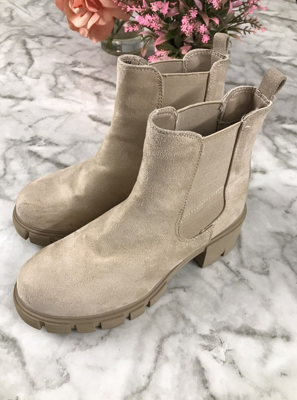 Madden Girl Women's Tessa Chelsea Boot Sand Fab Size 7M Thick Heel